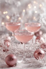 Soft pink champagne cocktail splashing in coupe glass, delicate pastel ornaments and snowy bokeh creating romantic holiday celebration mood