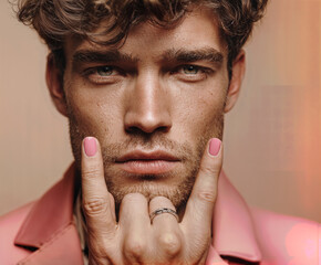 Young man posing with confident expression and painted pink nails, blending masculine beauty with modern gender-fluid fashion, self-expression, and bold contemporary style.