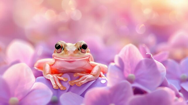 A Frosted Frog in the Bloom: A vibrant frog perches delicately amidst a field of blooming flowers, its skin gleaming with soft, delicate hues. A captivating depiction of nature's delicate balance. 