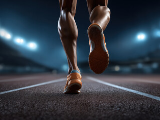 Powerful calf muscle of runner sprinting on track at night under stadium lights, dynamic motion and focused athletic energy