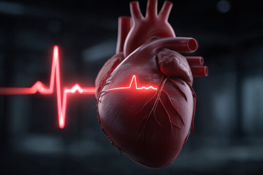 Human heart model with glowing electrocardiogram line across myocardium conveying medical urgency and cardiovascular health monitoring emotion