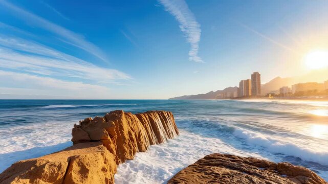 Oceanfront Vista: Capturing the vastness and the ceaseless motion of the ocean, a breathtaking coastal view invites serenity and wonder, with a distant city skyline under a radiant sun.