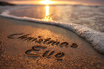 Christmas Eve Etched in Elegant Script into Damp Sand Super Close with Golden Peach Glow and Realistic Sand Texture &ndash; great for holiday wall art