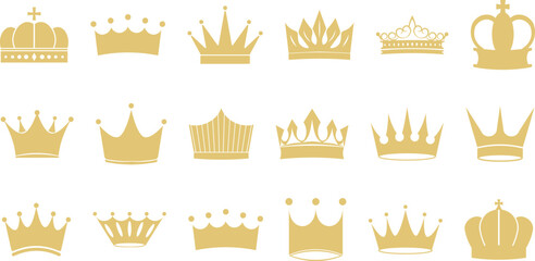 Gold crown silhouette icon set