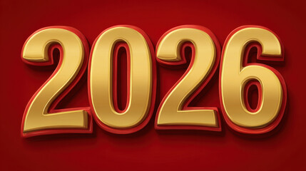 Golden 2026 numbers on red background, festive metallic anniversary or New Year celebration graphic with bold glossy typography and dramatic shadow for holiday greeting design