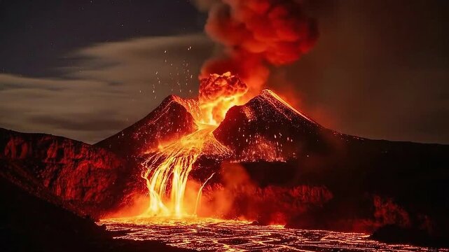 Spectacular Volcano Eruption at Night with Flowing Lava.