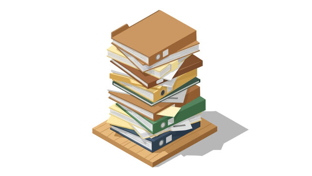 Isometric stack of office file folders on wooden tray