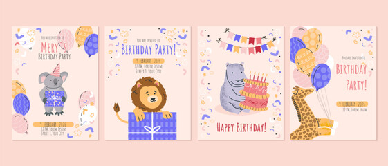 Birthday party invitation with animal vector set. Collection of adorable wildlife, lion, koala, hippo, giraffe. Birthday party funny animal character illustration for kids greeting card