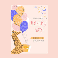 Birthday party invitation with giraffe. Birthday party funny animal character illustration for kids greeting card poster, print