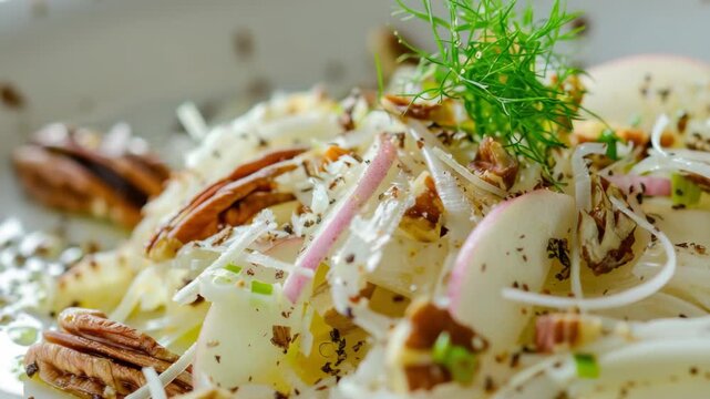 A mouth-watering vegetable stir-fry dish topped with nuts and fresh herbs served on a white plate.