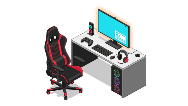 Modern gaming setup with ergonomic chair and dual monitors in isometric style