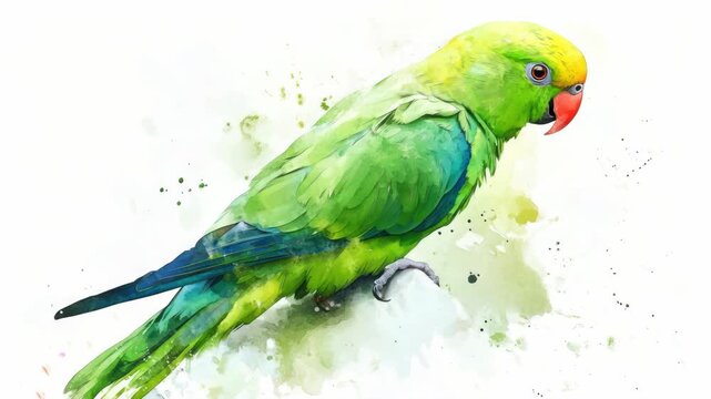 A vibrant parrot with green feathers perched on a branch against a white background.