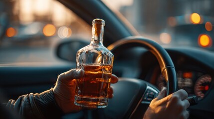Drunken Man Holds Alcohol While Driving Car at Dusk in City