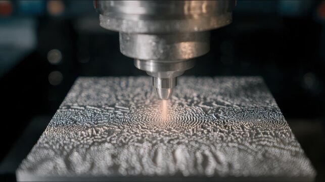 Medium shot focusing on laser texturing of a cast surface showcasing intricate pattern formation and detailed control for functional and decorative finishes.