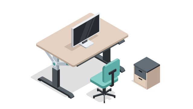 Modern office desk setup with adjustable table and chair in isometric style