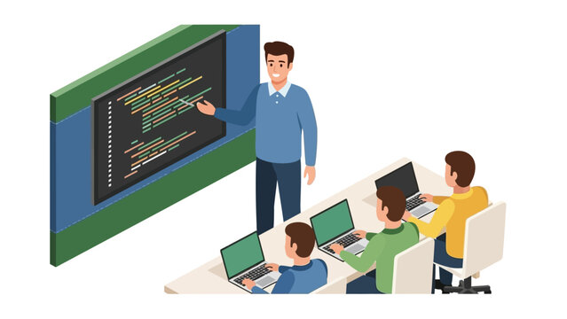 Isometric classroom with teacher explaining code to students on laptops