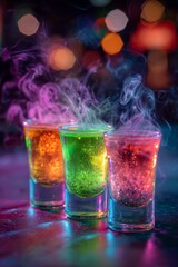 Obraz premium Energetic Christmas cocktail composition featuring icy mixed drinks, glowing lights and shimmering confetti in rich party colors