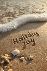 Holiday Joy Hand-Drawn Etched into Soft Wet Sand with Thin Grooves, Golden Sky and Miniature Ornaments with Seashell &ndash; perfect for holiday celebrations