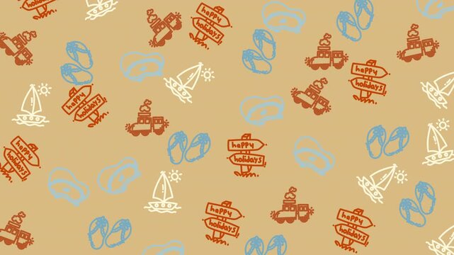 Vibrant Paris and Beach Holidays Seamless Pattern. Doodle Icons of Eiffel Tower, Flippers, and Beach Ball on Red.