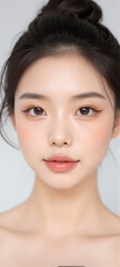 Female Asian Model with Short Hair - Young Beautiful Woman with Hair Bun - Studio Portrait of Asian Beauty for Fashion, Cosmetic, Skincare - Posing on White Background - Smooth Tied Hair