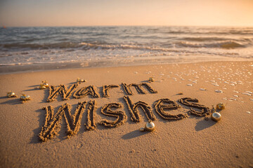 Warm Wishes Hand-Drawn Etched Organically into Sand with Crisp Shallow Carving, Golden Peach Sky and Tiny Christmas Baubles &ndash; great for festive campaigns