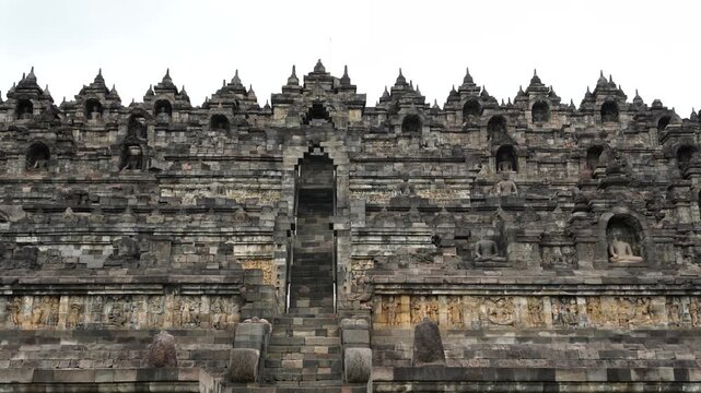 Horizontal panning of the Buddist temple Borobudur near Yogyakarta city, Central Java, Indonesia. World famous landmark in Indonesia