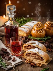 Cozy winter still life with herbal balsam, apple strudel, chocolate, caramelized pears and warm candlelight on rustic table