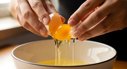 Cracking a farm fresh egg into a bowl, showcasing culinary simplicity