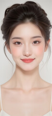 Female Asian Model with Short Hair - Young Beautiful Woman with Hair Bun - Studio Portrait of Asian Beauty for Fashion, Cosmetic, Skincare - Posing on White Background - Smooth Tied Hair