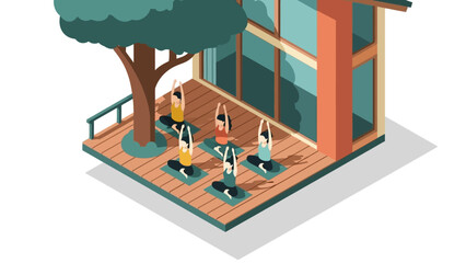 Outdoor yoga class on modern balcony with large tree and glass walls