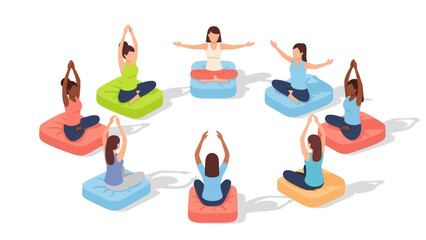 Women practicing yoga in a circle on cushions with diverse poses in isometric style