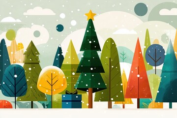 Obraz premium stylized christmas trees in a flat vector style, with a cartoon-like, simple design the christmas background features simple shapes, color blocks, and a flat illustration Generative AI