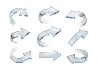 Rotating navigation pointers with a dynamic, spinning motion and a smooth, polished glass surface, a 3D glassmorphism arrow icon set isolated on white