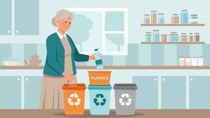 Senior woman sorting waste at home, eco-friendly recycling of plastics