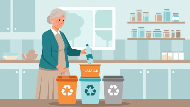 Senior woman sorting waste at home, eco-friendly recycling of plastics