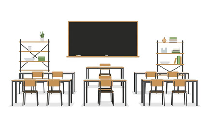 Modern classroom with black chalkboard and wooden desks in flat style