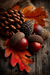 Rustic Autumn Still Life with Acorns, Pinecones, and Red Oak Leaves on Wood created with Generative AI Technology, ai, generative