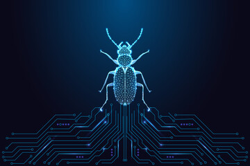 Futuristic glowing digital beetle on circuit board, cyber bug and security tech vector art