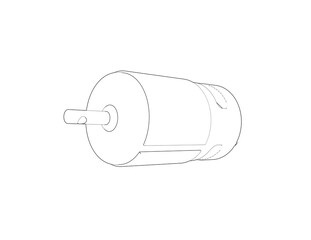 Detailed Technical Monochrome Blueprint Line Art Outline Illustration of a DC Electric Motor. Vector Drawing of an Electronic Component for Engineering, Robotics, and Manufacturing CAD Plans.