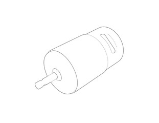 Detailed Technical Monochrome Blueprint Line Art Outline Illustration of a DC Electric Motor. Vector Drawing of an Electronic Component for Engineering, Robotics, and Manufacturing CAD Plans.