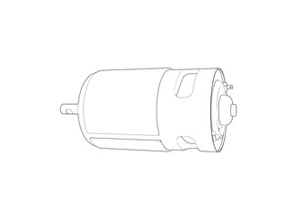 Detailed Technical Monochrome Blueprint Line Art Outline Illustration of a DC Electric Motor. Vector Drawing of an Electronic Component for Engineering, Robotics, and Manufacturing CAD Plans.