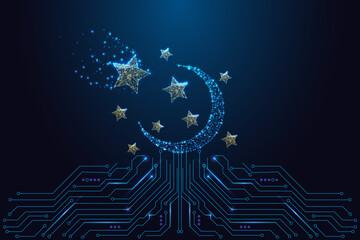 Glowing digital crescent and stars above circuit board, futuristic Islamic tech vector art
