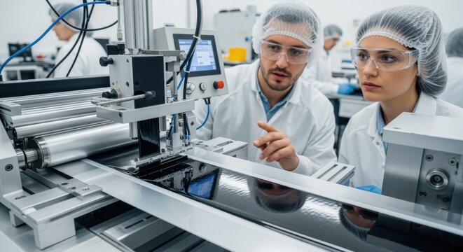 Engineers monitoring slotdie coating operation applying graphene ink films on electrode materials for nextgeneration supercapacitor development.