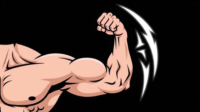 Illustration of a muscular man flexing his arm against a black background with a white logo.