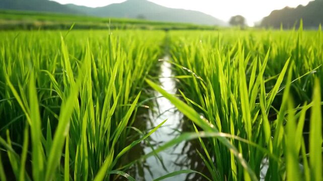 Lush Green Rice Paddies Under Soft Sunlight.
