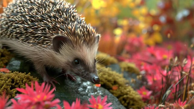 A cute hedgehog with spiky fur is seen foraging near pink flowers and a rock surface. This captures the beauty of wildlife in nature.