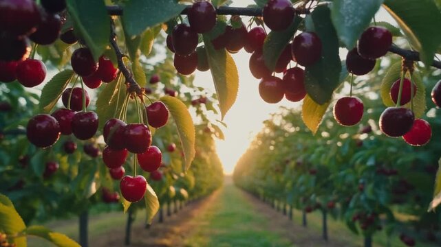 Ripe red cherries hanging on branches in a sunlit orchard at dawn or dusk, with rows of trees extending into the distance.