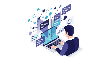 Business analyst using laptop with data visualizations and graphs in isometric design