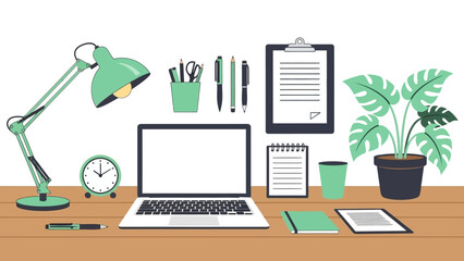 Modern desk setup with laptop, office supplies, and plant in minimalist art style