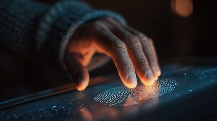 Medium shot of a person using a fingerprint scanner on a device to enable biometric verification during an online transaction.